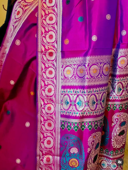 Bluish Magenta Dual Tone Baluchari Silk Saree with Heritage Galani Weaving Code-05