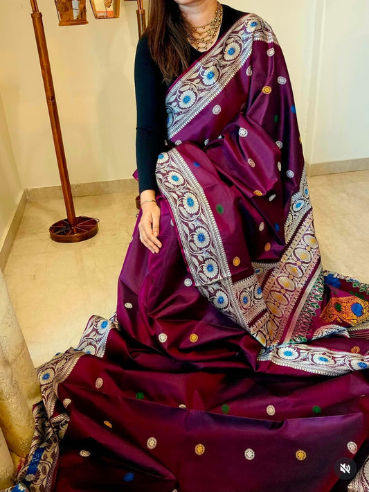 Wine Color Revival Baluchari Silk Saree with Traditional Galani Weaving Code-10