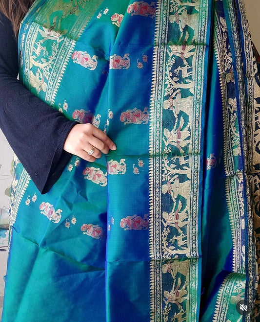 Peacock Green Meenakari Swarnachari Silk Saree with Traditional Gold Zari Weaving Code-08