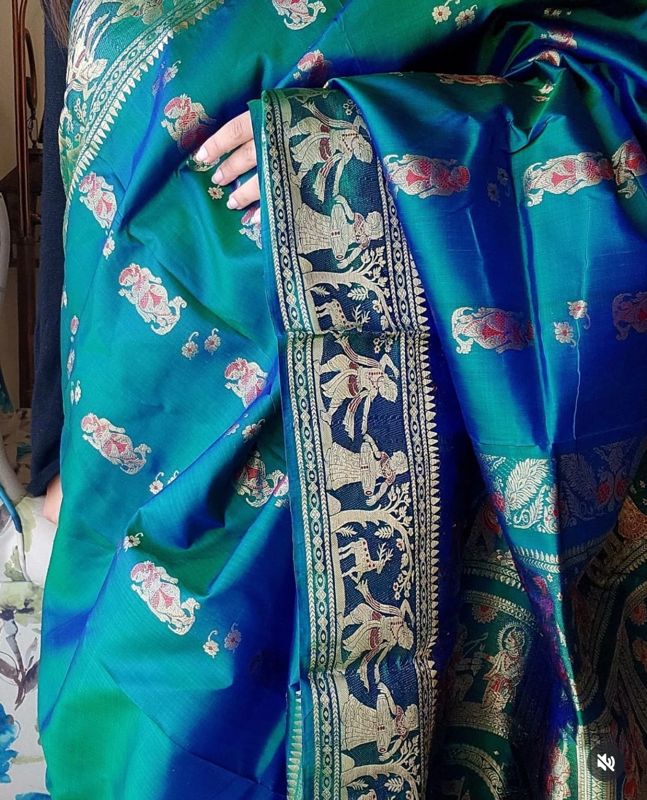 Peacock Green Meenakari Swarnachari Silk Saree with Traditional Gold Zari Weaving Code-08