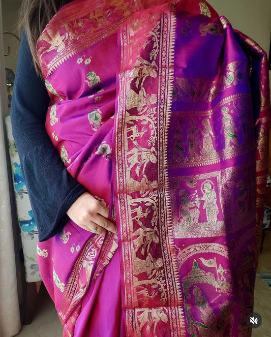 Bluish Magenta Meenakari Swarnachari Silk Saree with Traditional Gold Zari Work Code-09