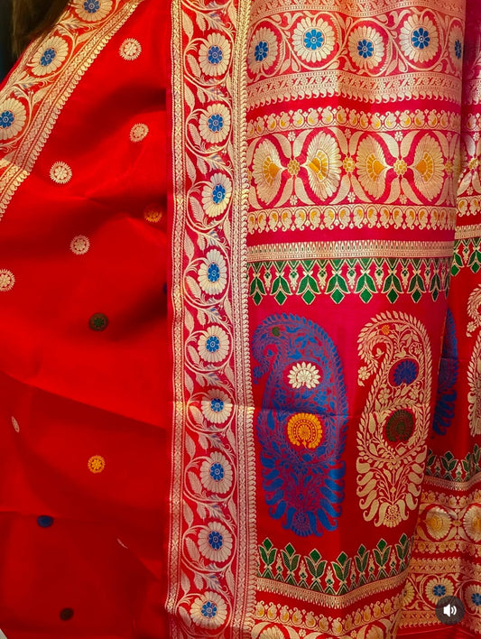 Rani Red Handloom Baluchari Silk Saree with Cross Revival Galani Work Code-01