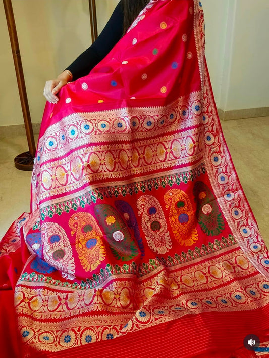 Rani Red Handloom Baluchari Silk Saree with Cross Revival Galani Work Code-01