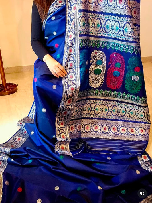Midnight Blue Revival Baluchari Silk Saree with Traditional Galani Weaving Code-02