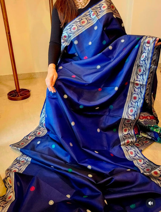 Midnight Blue Revival Baluchari Silk Saree with Traditional Galani Weaving Code-02