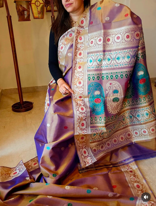 Metallic Bluish Gray Dual Tone Baluchari Silk Saree with Traditional Galani Weaving Code-03