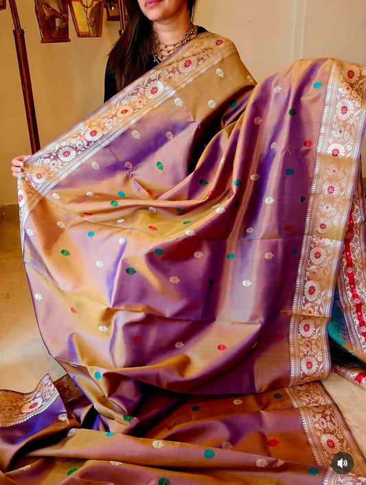 Metallic Bluish Gray Dual Tone Baluchari Silk Saree with Traditional Galani Weaving Code-03
