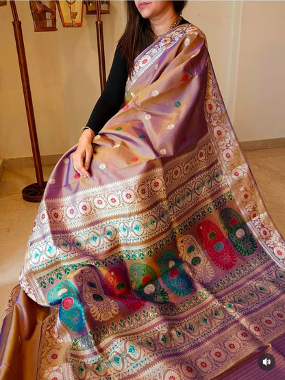 Metallic Bluish Gray Dual Tone Baluchari Silk Saree with Traditional Galani Weaving Code-03