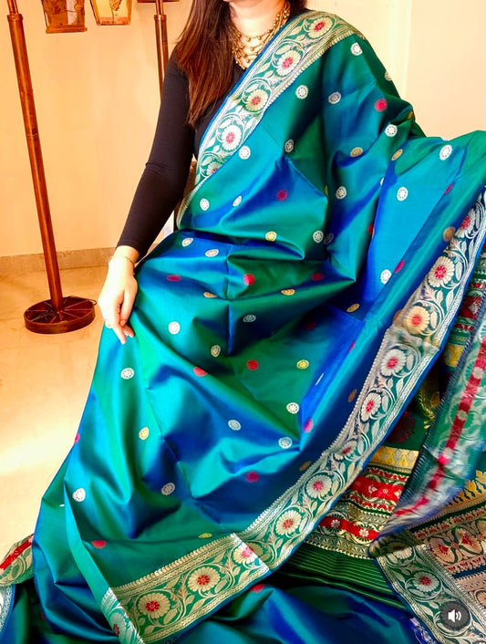 Peacock Green Dual Tone Baluchari Silk Saree with Traditional Galani Weaving Code-04