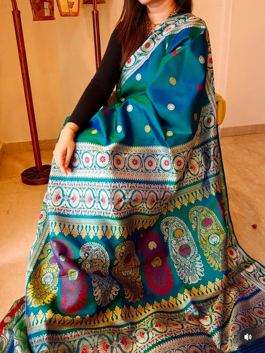 Peacock Green Dual Tone Baluchari Silk Saree with Traditional Galani Weaving Code-04