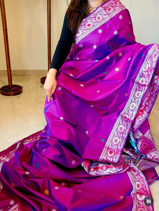 Bluish Magenta Dual Tone Baluchari Silk Saree with Heritage Galani Weaving Code-05