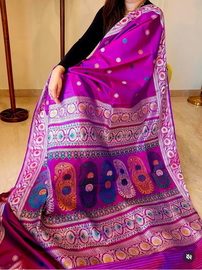 Bluish Magenta Dual Tone Baluchari Silk Saree with Heritage Galani Weaving Code-05