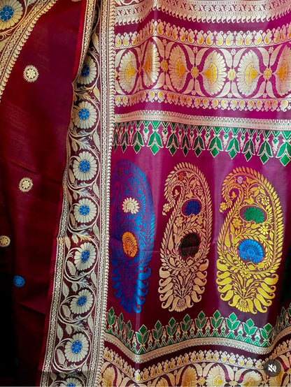 Wine Color Revival Baluchari Silk Saree with Traditional Galani Weaving Code-10