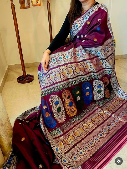Wine Color Revival Baluchari Silk Saree with Traditional Galani Weaving Code-10