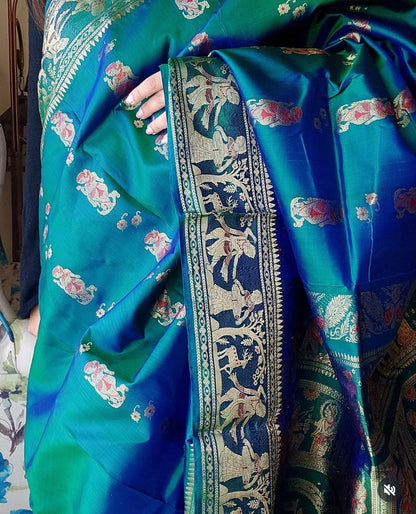 Peacock Green Meenakari Swarnachari Silk Saree with Traditional Gold Zari Weaving Code-08