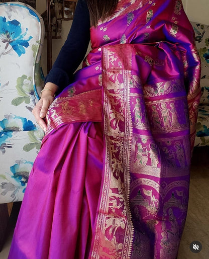Bluish Magenta Meenakari Swarnachari Silk Saree with Traditional Gold Zari Work Code-09