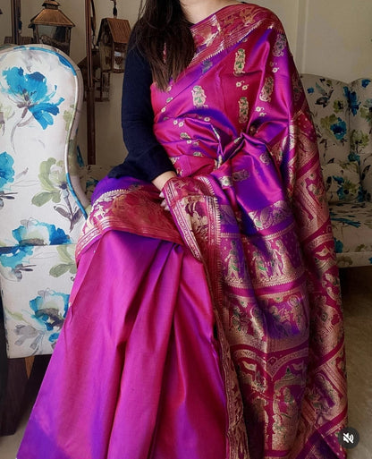 Bluish Magenta Meenakari Swarnachari Silk Saree with Traditional Gold Zari Work Code-09