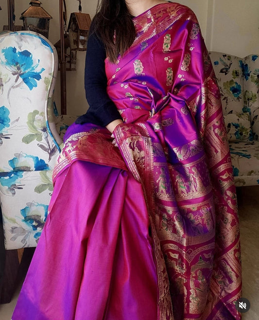 Bluish Magenta Meenakari Swarnachari Silk Saree with Traditional Gold Zari Work Code-09