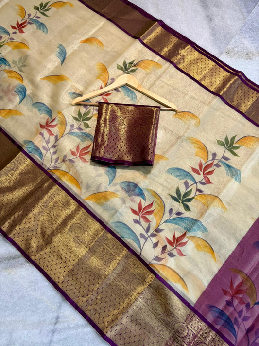 Banarasi zari tissue silk with Kanchi borders saree Code-SUA007
