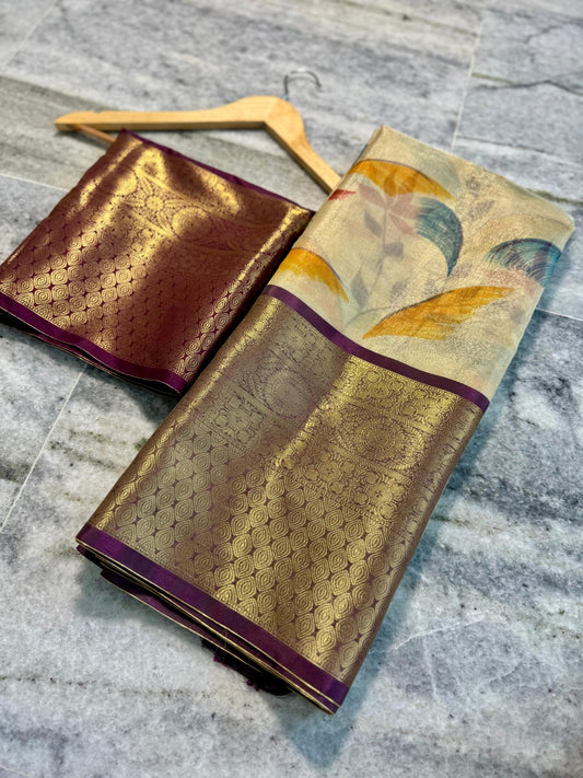 Banarasi zari tissue silk with Kanchi borders saree Code-SUA007