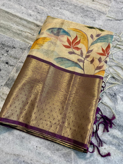 Banarasi zari tissue silk with Kanchi borders saree Code-SUA007